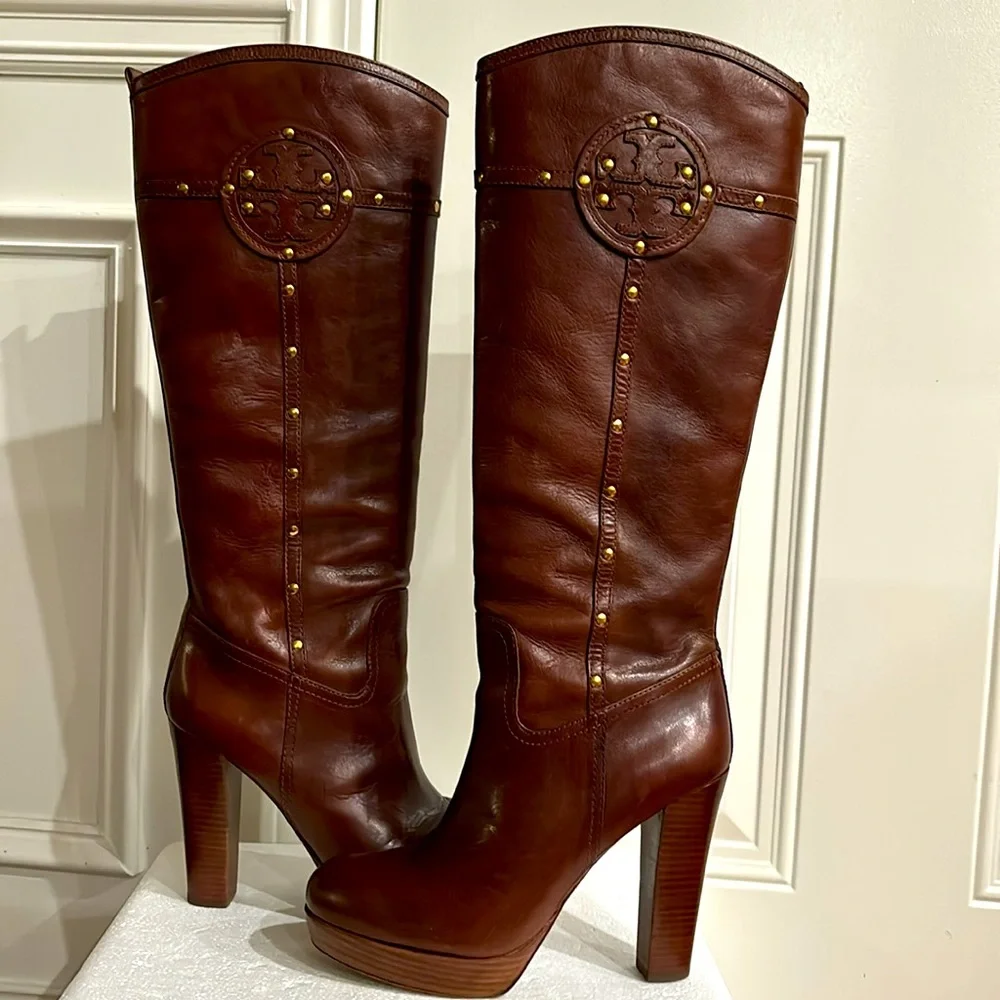 Tory Burch Colleen studded Platform knee high boots. Color Sienna Brown